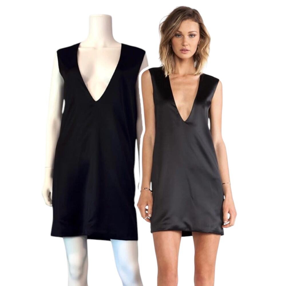 Solace Aurora Mini Dress Size 10 Black Satin Shift Deep V Open Back Minimalist